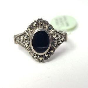 Vintage Sterling Silver Black Onyx Marcasite Ring, Oval, Size 8 Band, Deadstock